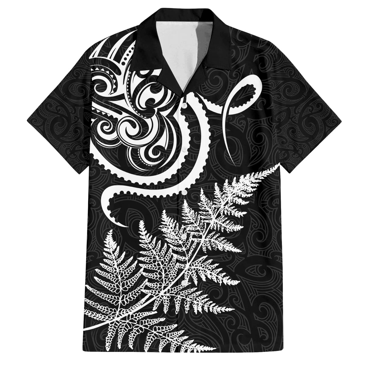 New Zealand Octopus Tattoo and Fern Family Matching Off The Shoulder Long Sleeve Dress and Hawaiian Shirt Maori Pattern LT03 Dad's Shirt - Short Sleeve Black - Polynesian Pride