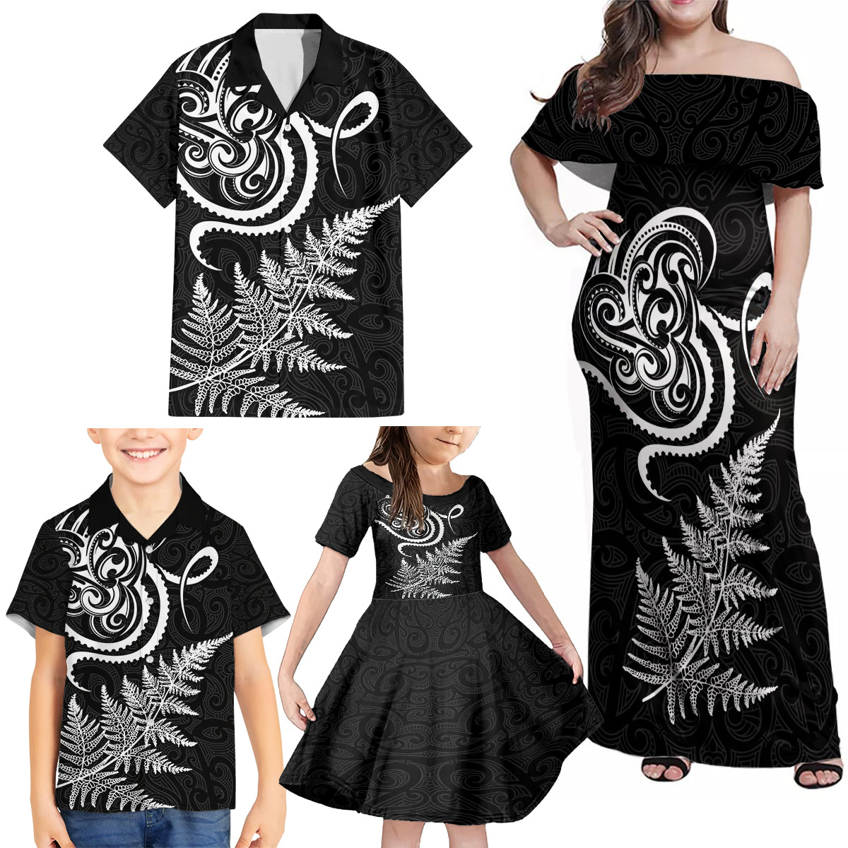 New Zealand Octopus Tattoo and Fern Family Matching Off Shoulder Maxi Dress and Hawaiian Shirt Maori Pattern LT03 - Polynesian Pride