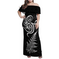 New Zealand Octopus Tattoo and Fern Family Matching Off Shoulder Maxi Dress and Hawaiian Shirt Maori Pattern LT03 Mom's Dress Black - Polynesian Pride