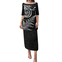 New Zealand Octopus Tattoo and Fern Family Matching Puletasi and Hawaiian Shirt Maori Pattern LT03 Mom's Dress Black - Polynesian Pride