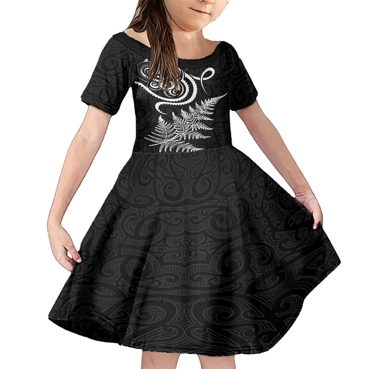 New Zealand Octopus Tattoo and Fern Family Matching Short Sleeve Bodycon Dress and Hawaiian Shirt Maori Pattern LT03 Daughter's Dress Black - Polynesian Pride