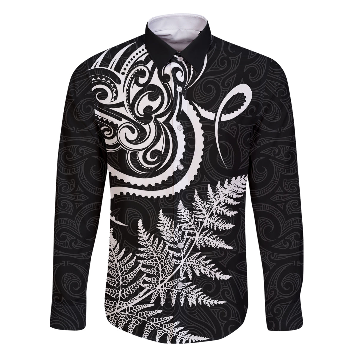 New Zealand Octopus Tattoo and Fern Family Matching Summer Maxi Dress and Hawaiian Shirt Maori Pattern LT03 Dad's Shirt - Long Sleeve Black - Polynesian Pride