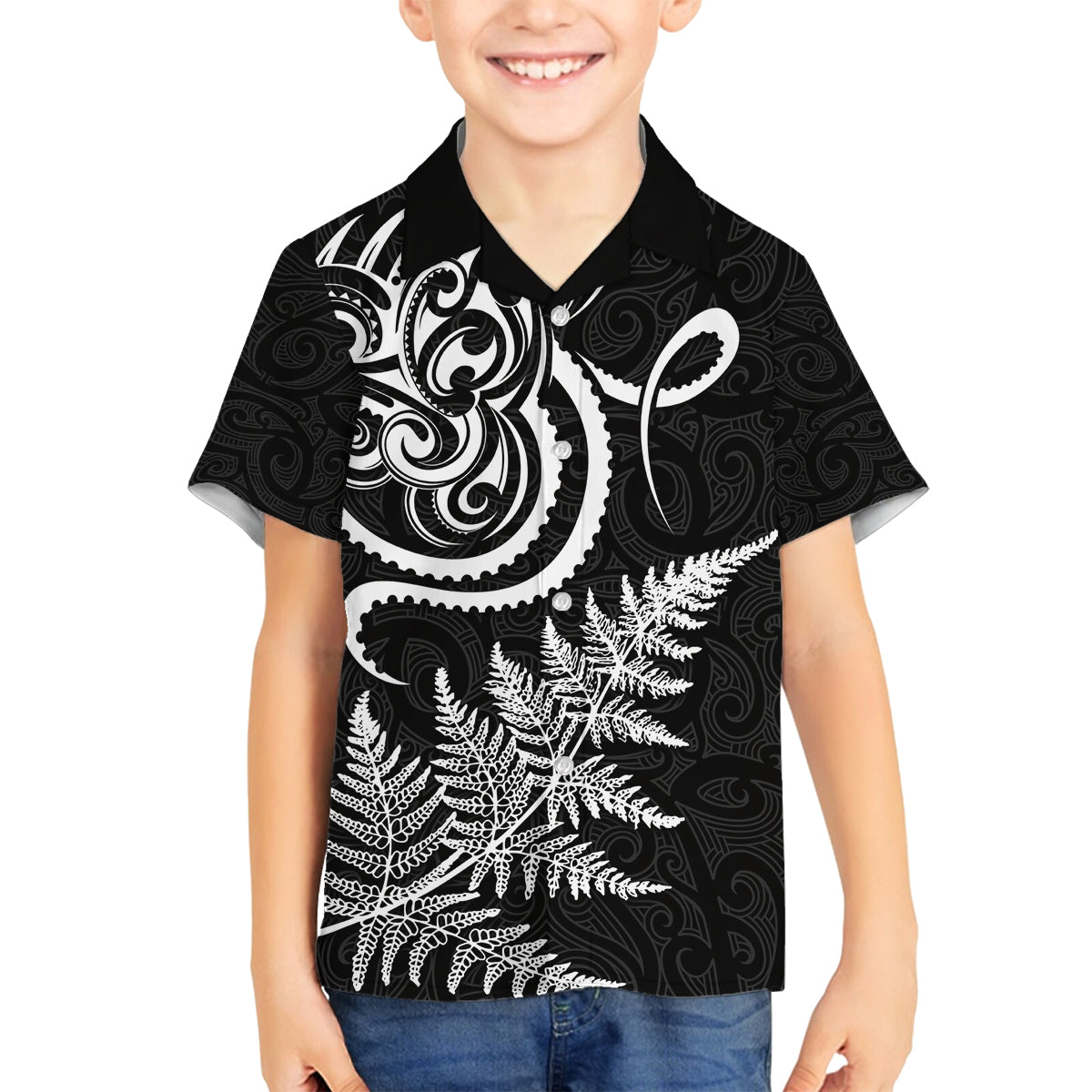 New Zealand Octopus Tattoo and Fern Family Matching Summer Maxi Dress and Hawaiian Shirt Maori Pattern LT03 Son's Shirt Black - Polynesian Pride