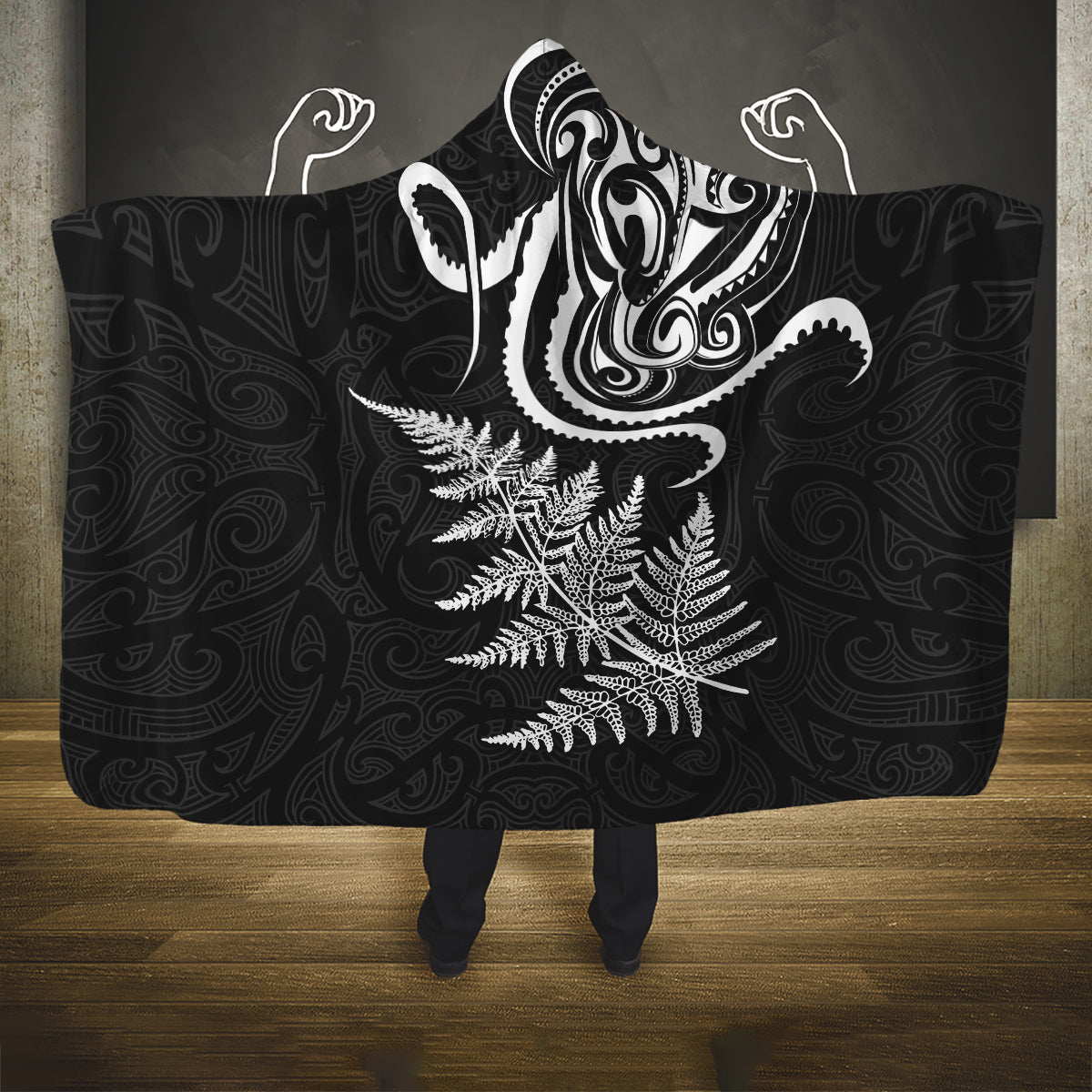 New Zealand Octopus Tattoo and Fern Hooded Blanket Maori Pattern LT03 One Size Black - Polynesian Pride