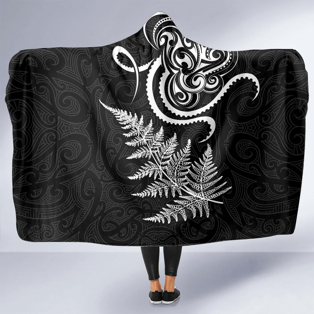 New Zealand Octopus Tattoo and Fern Hooded Blanket Maori Pattern LT03 - Polynesian Pride