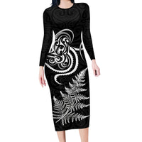 New Zealand Octopus Tattoo and Fern Long Sleeve Bodycon Dress Maori Pattern LT03 Long Dress Black - Polynesian Pride