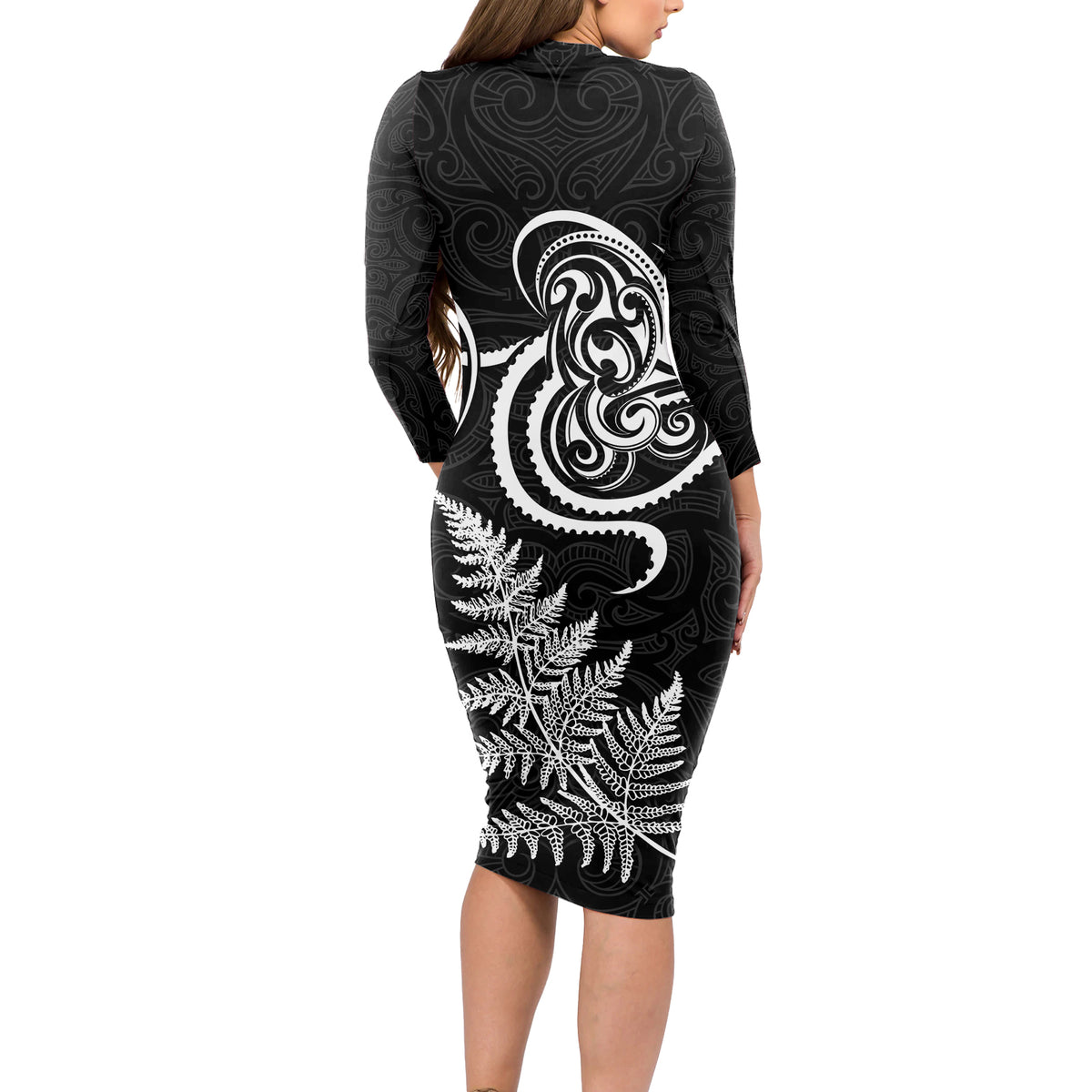New Zealand Octopus Tattoo and Fern Long Sleeve Bodycon Dress Maori Pattern LT03 - Polynesian Pride
