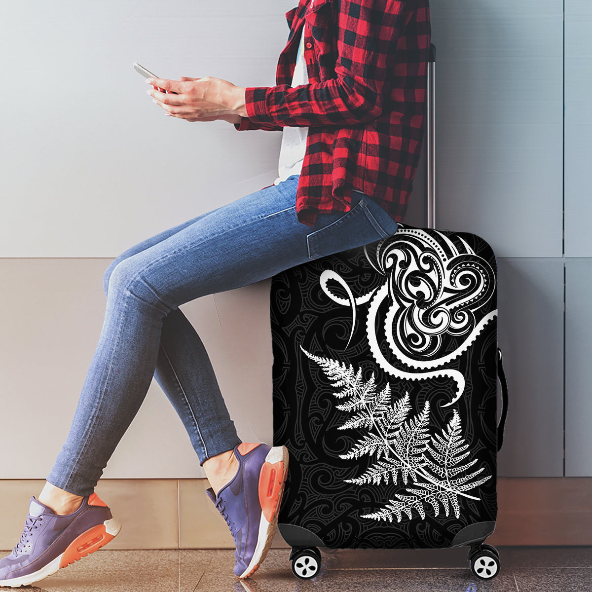New Zealand Octopus Tattoo and Fern Luggage Cover Maori Pattern
