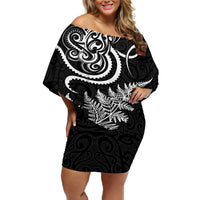 New Zealand Octopus Tattoo and Fern Off Shoulder Short Dress Maori Pattern