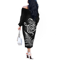 New Zealand Octopus Tattoo and Fern Off The Shoulder Long Sleeve Dress Maori Pattern LT03 - Polynesian Pride