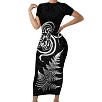 New Zealand Octopus Tattoo and Fern Short Sleeve Bodycon Dress Maori Pattern LT03 Long Dress Black - Polynesian Pride