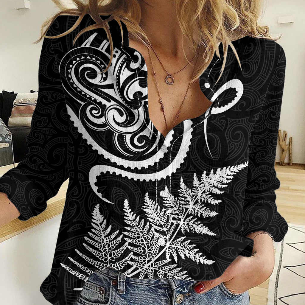 New Zealand Octopus Tattoo and Fern Women Casual Shirt Maori Pattern LT03 Female Black - Polynesian Pride