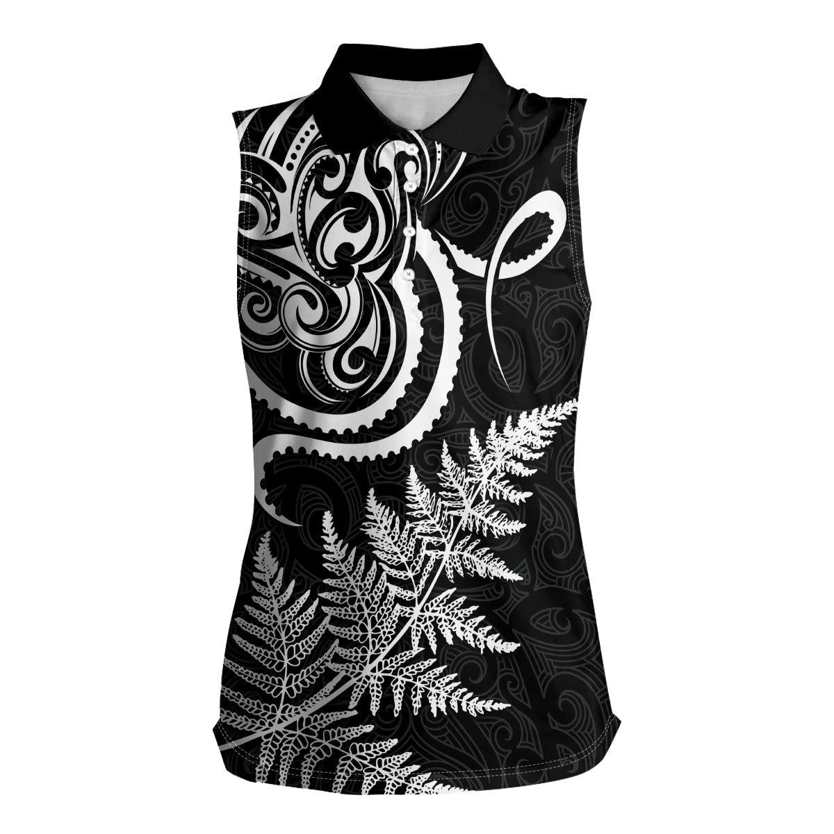 New Zealand Octopus Tattoo and Fern Women Sleeveless Polo Shirt Maori Pattern LT03 Female Black - Polynesian Pride