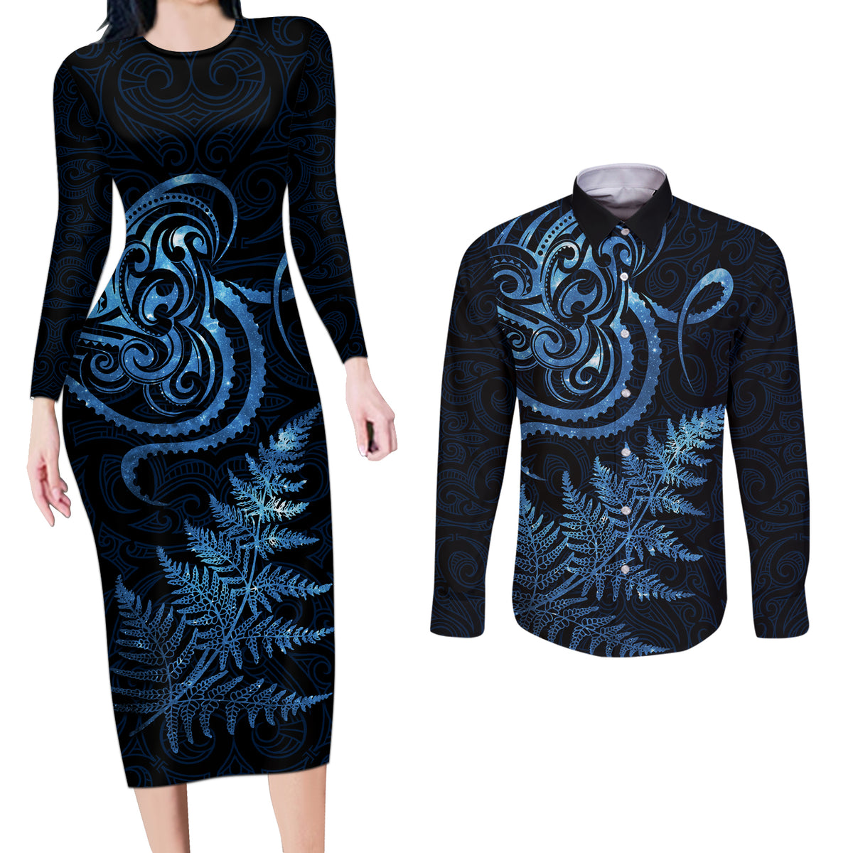 New Zealand Octopus Tattoo and Fern Couples Matching Long Sleeve Bodycon Dress and Long Sleeve Button Shirt Maori Pattern Matariki Style LT03 Blue - Polynesian Pride