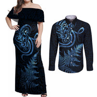 New Zealand Octopus Tattoo and Fern Couples Matching Off Shoulder Maxi Dress and Long Sleeve Button Shirt Maori Pattern Matariki Style LT03 Blue - Polynesian Pride