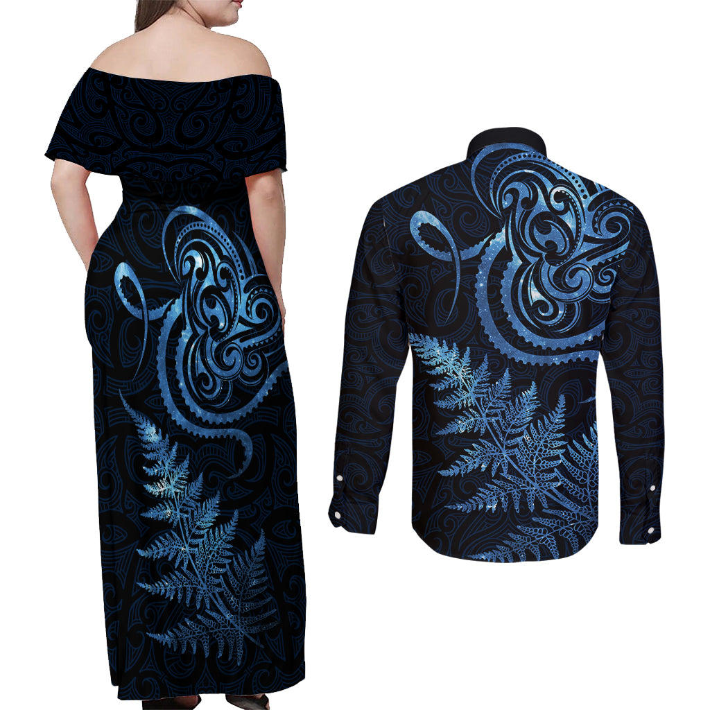 New Zealand Octopus Tattoo and Fern Couples Matching Off Shoulder Maxi Dress and Long Sleeve Button Shirt Maori Pattern Matariki Style LT03 - Polynesian Pride