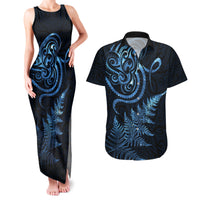 New Zealand Octopus Tattoo and Fern Couples Matching Tank Maxi Dress and Hawaiian Shirt Maori Pattern Matariki Style LT03 Blue - Polynesian Pride