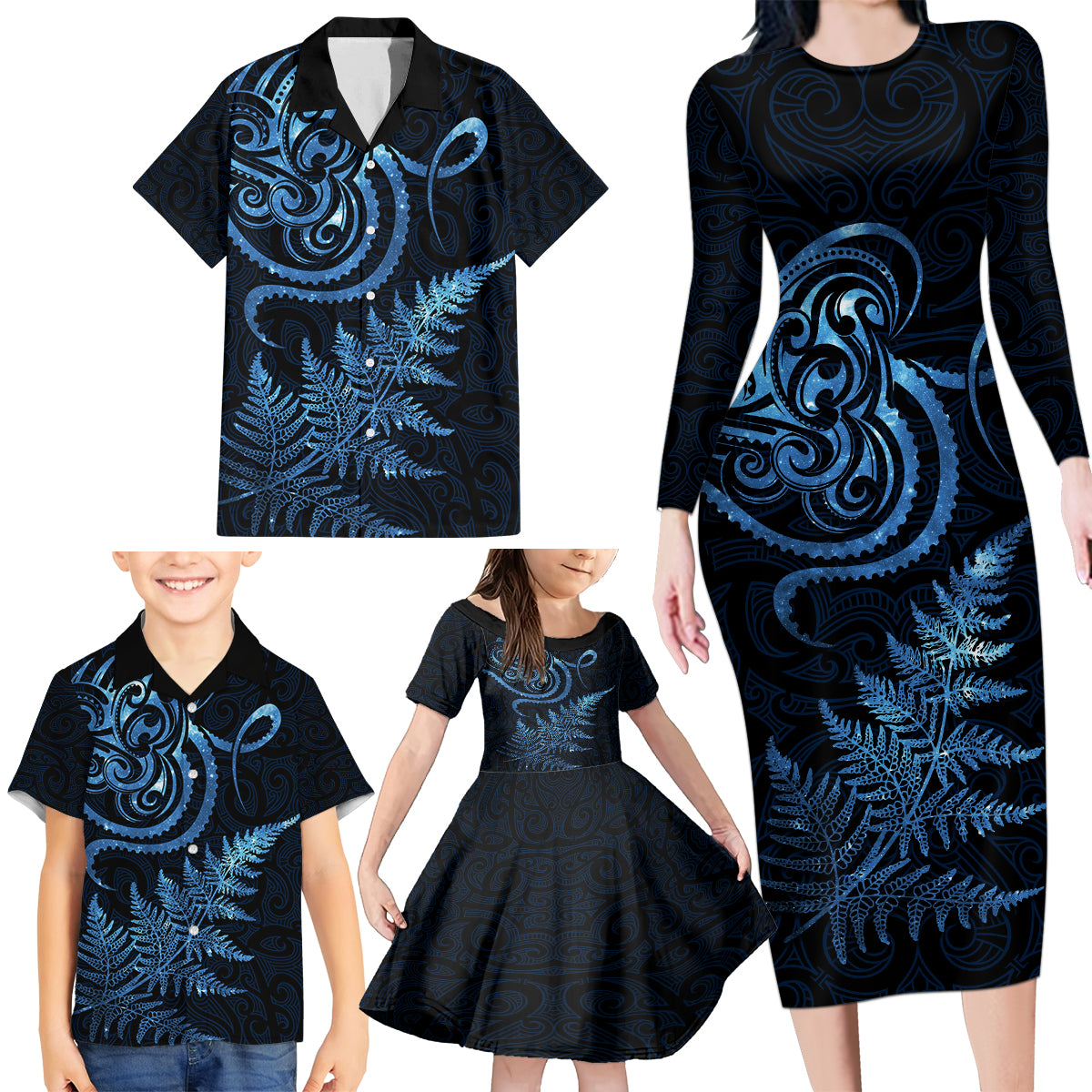New Zealand Octopus Tattoo and Fern Family Matching Long Sleeve Bodycon Dress and Hawaiian Shirt Maori Pattern Matariki Style LT03 - Polynesian Pride