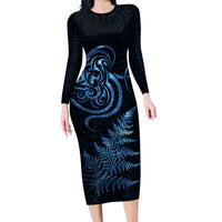 New Zealand Octopus Tattoo and Fern Family Matching Long Sleeve Bodycon Dress and Hawaiian Shirt Maori Pattern Matariki Style LT03 Mom's Dress Blue - Polynesian Pride