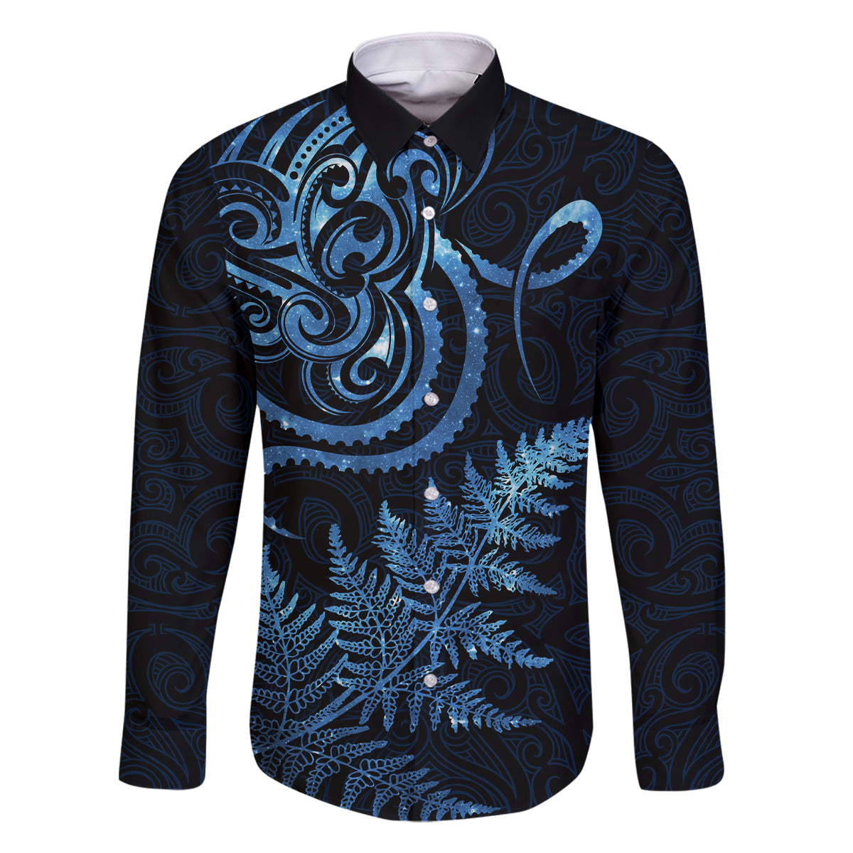 New Zealand Octopus Tattoo and Fern Family Matching Mermaid Dress and Hawaiian Shirt Maori Pattern Matariki Style LT03 Dad's Shirt - Long Sleeve Blue - Polynesian Pride