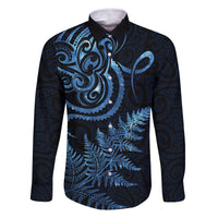 New Zealand Octopus Tattoo and Fern Family Matching Off Shoulder Maxi Dress and Hawaiian Shirt Maori Pattern Matariki Style LT03 Dad's Shirt - Long Sleeve Blue - Polynesian Pride