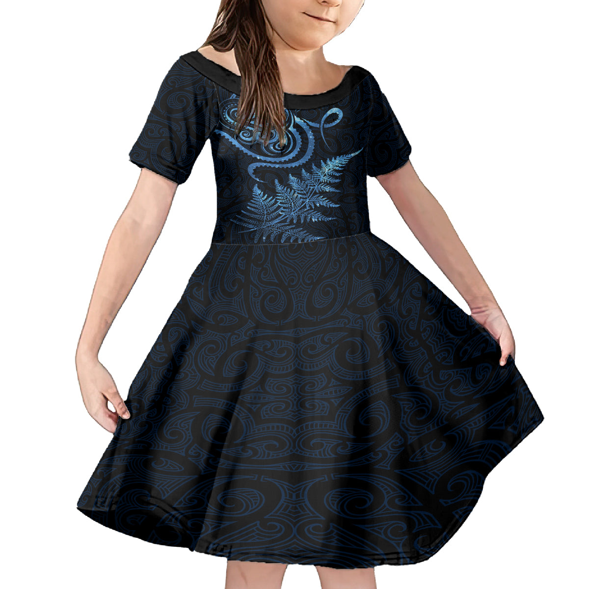 New Zealand Octopus Tattoo and Fern Family Matching Puletasi and Hawaiian Shirt Maori Pattern Matariki Style LT03 Daughter's Dress Blue - Polynesian Pride