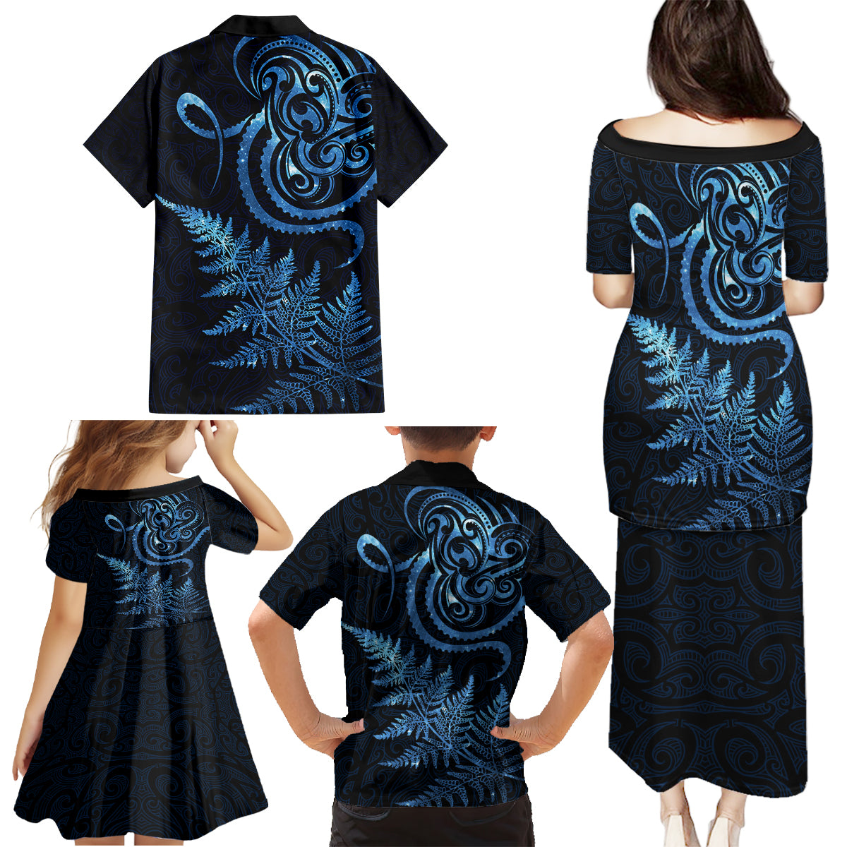 New Zealand Octopus Tattoo and Fern Family Matching Puletasi and Hawaiian Shirt Maori Pattern Matariki Style LT03 - Polynesian Pride