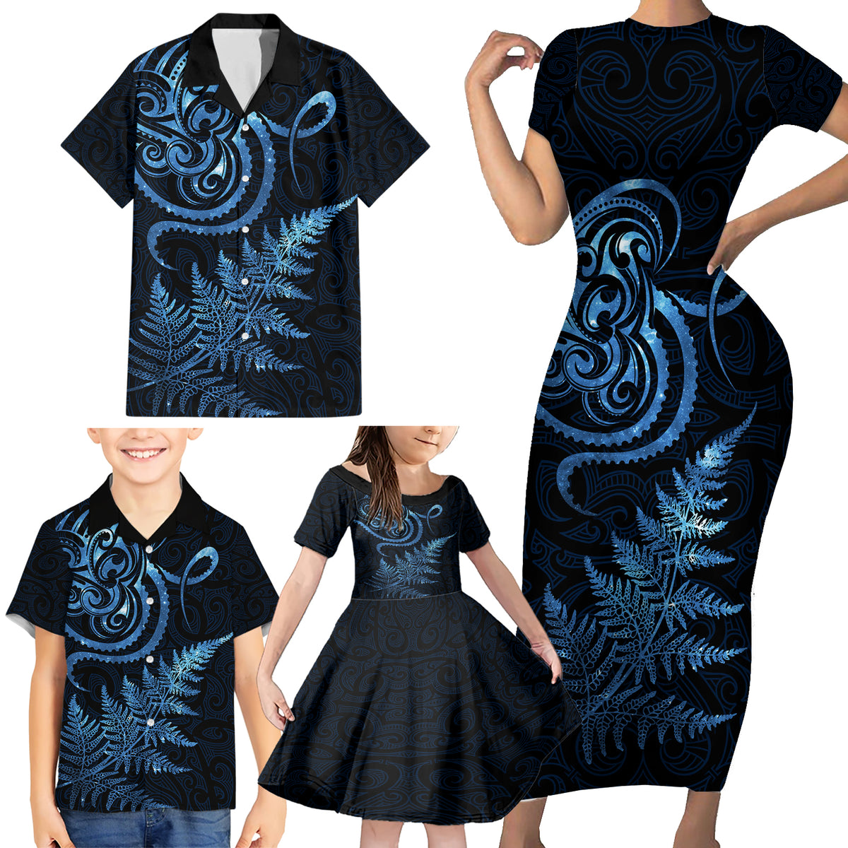 New Zealand Octopus Tattoo and Fern Family Matching Short Sleeve Bodycon Dress and Hawaiian Shirt Maori Pattern Matariki Style LT03 - Polynesian Pride