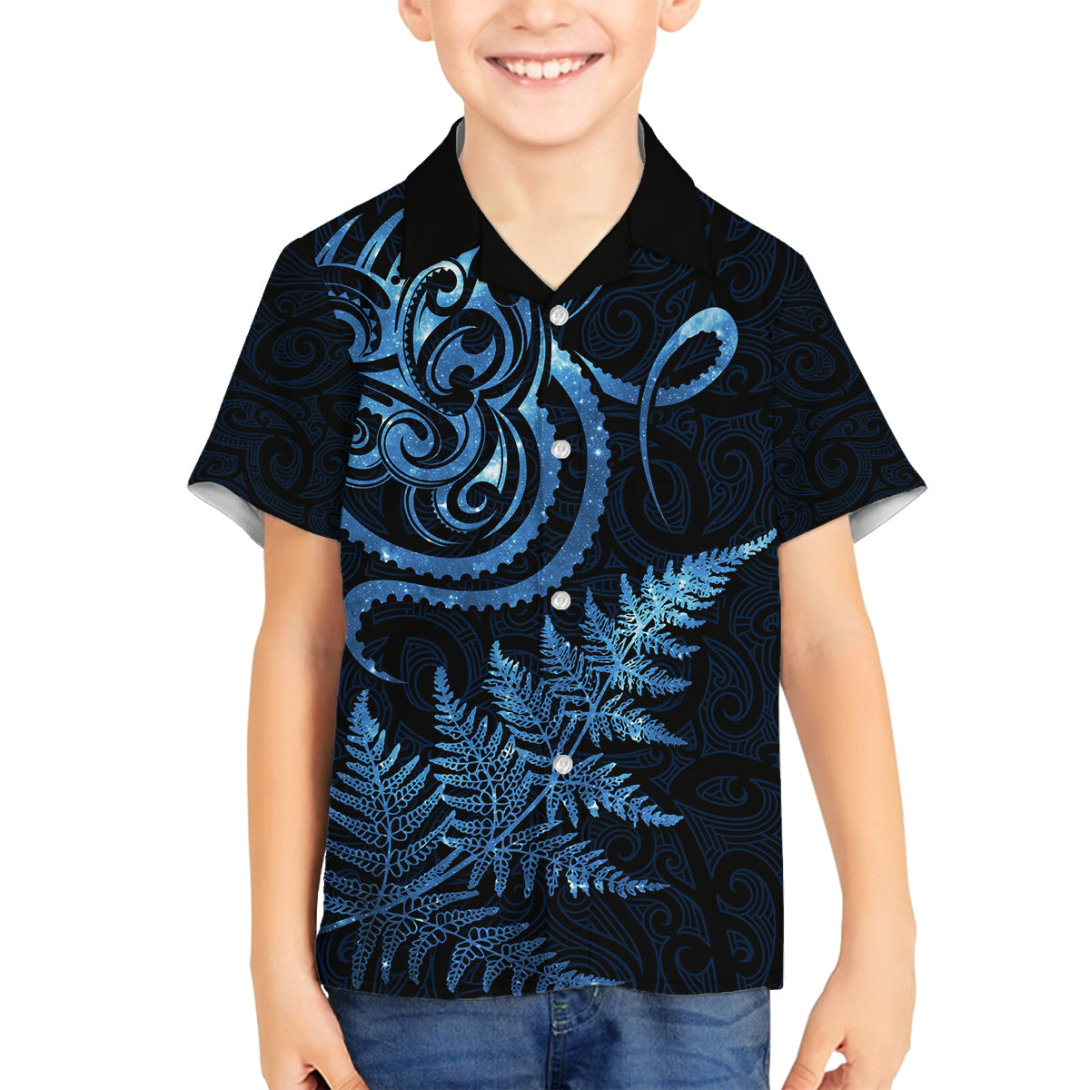 New Zealand Octopus Tattoo and Fern Family Matching Summer Maxi Dress and Hawaiian Shirt Maori Pattern Matariki Style LT03 Son's Shirt Blue - Polynesian Pride