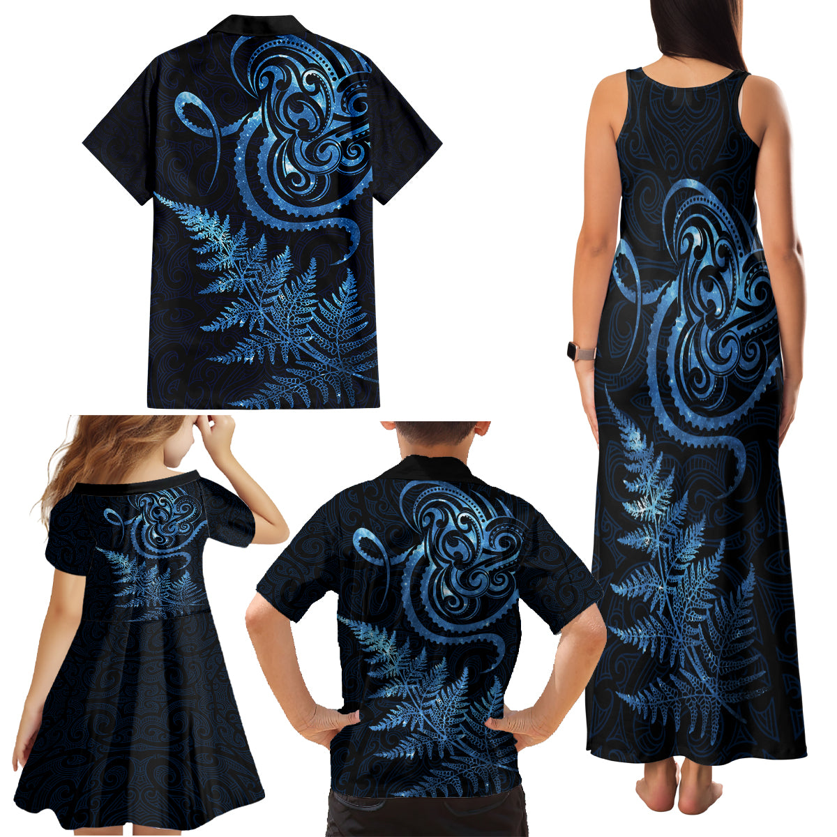 New Zealand Octopus Tattoo and Fern Family Matching Tank Maxi Dress and Hawaiian Shirt Maori Pattern Matariki Style LT03 - Polynesian Pride