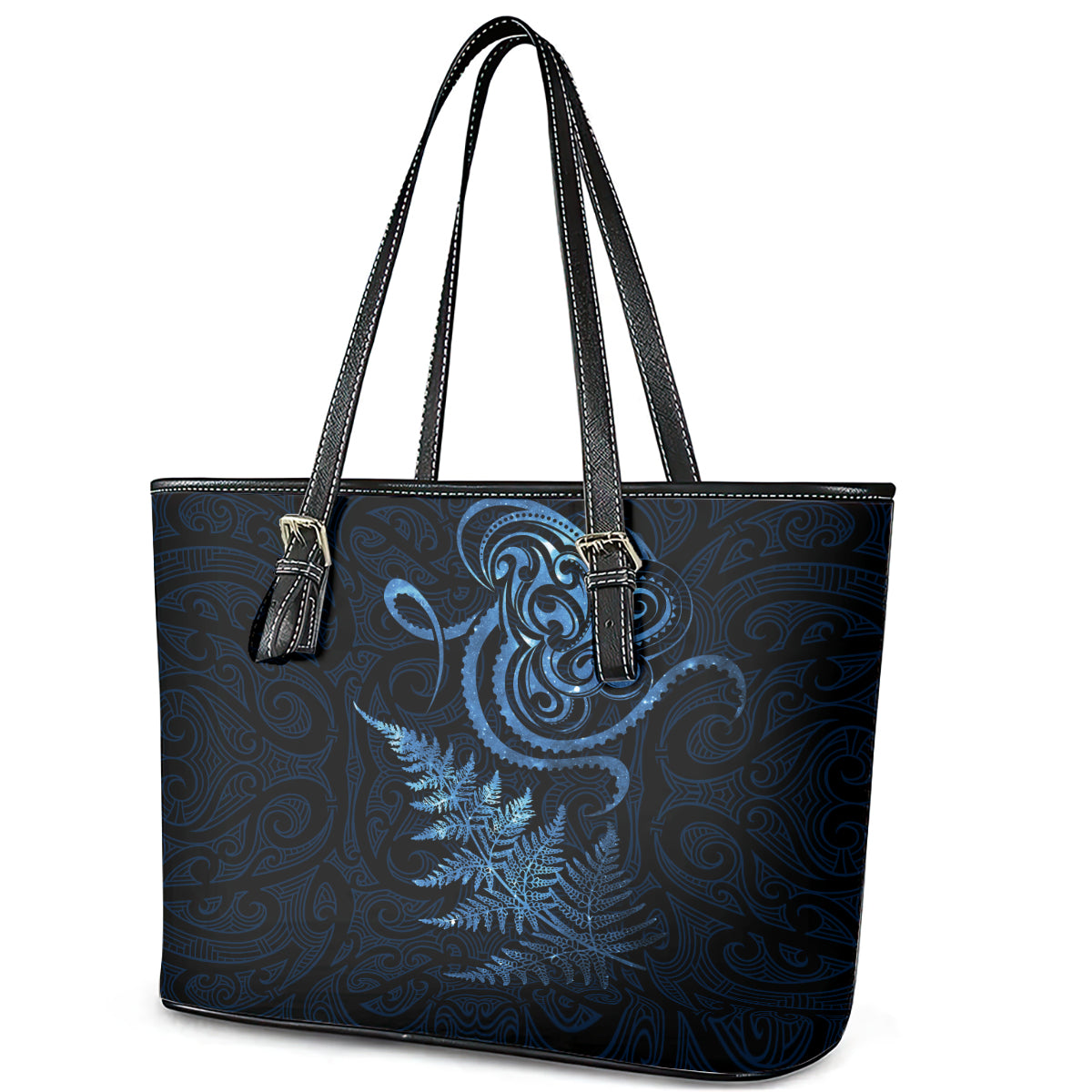 New Zealand Octopus Tattoo and Fern Leather Tote Bag Maori Pattern Matariki Style
