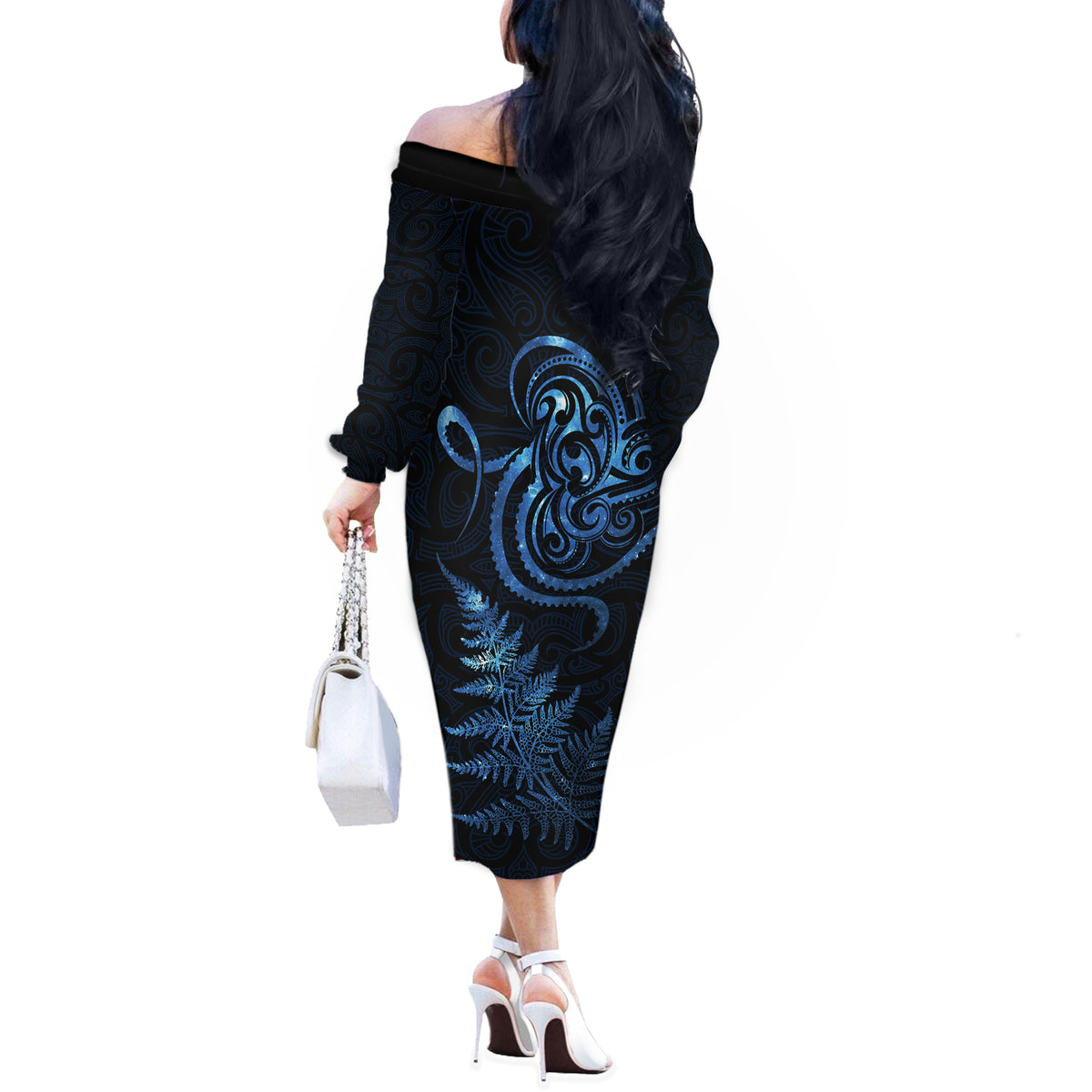 New Zealand Octopus Tattoo and Fern Off The Shoulder Long Sleeve Dress Maori Pattern Matariki Style LT03 - Polynesian Pride