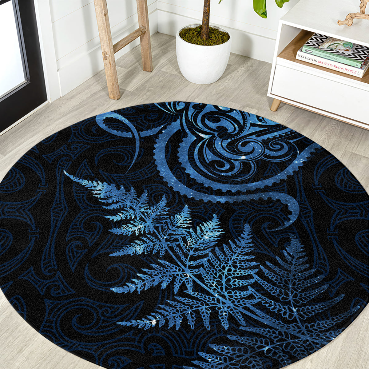 New Zealand Octopus Tattoo and Fern Round Carpet Maori Pattern Matariki Style LT03 Blue - Polynesian Pride