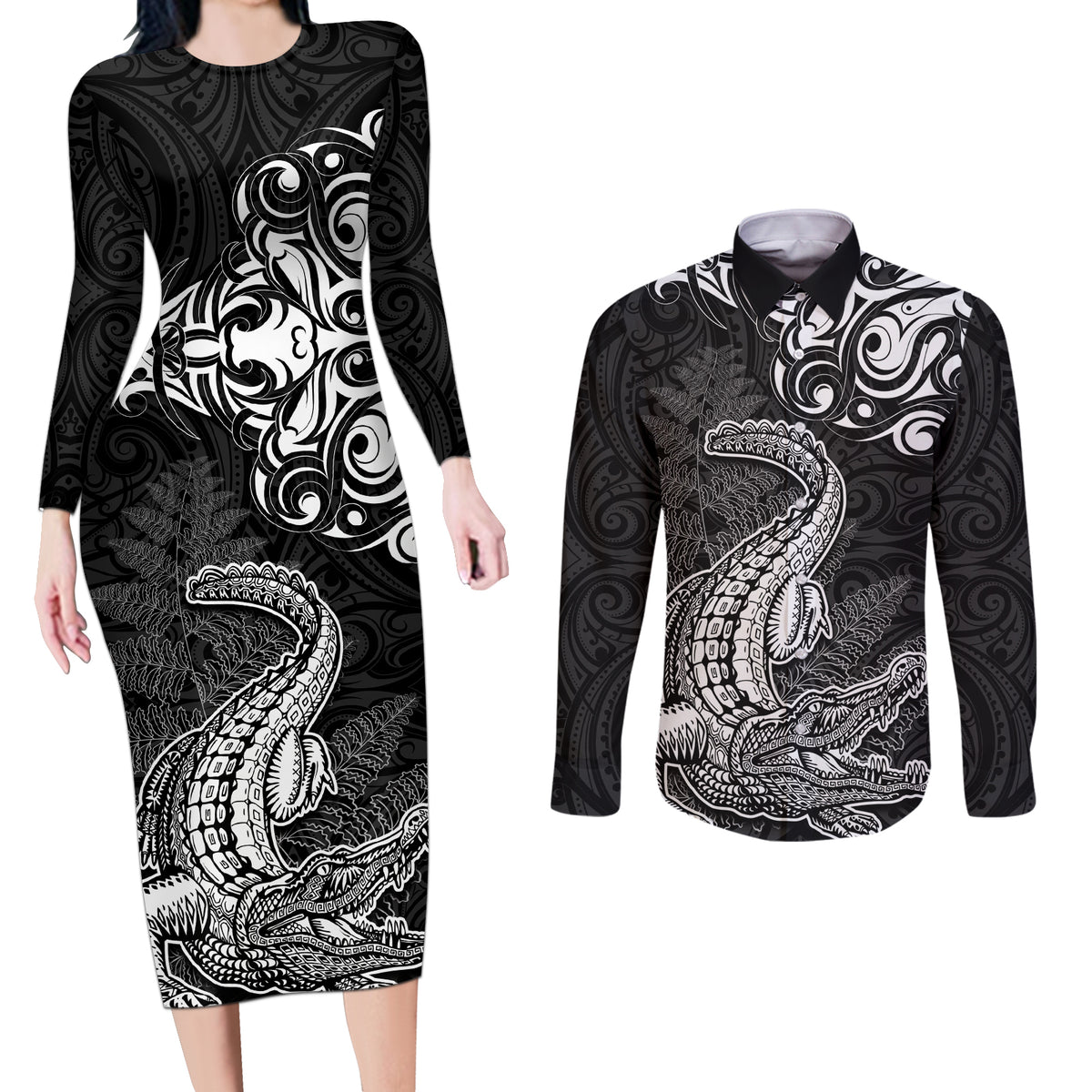 New Zealand Crocodile Tattoo and Fern Couples Matching Long Sleeve Bodycon Dress and Long Sleeve Button Shirt Maori Pattern LT03 Black - Polynesian Pride