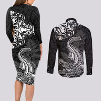 New Zealand Crocodile Tattoo and Fern Couples Matching Long Sleeve Bodycon Dress and Long Sleeve Button Shirt Maori Pattern LT03 - Polynesian Pride