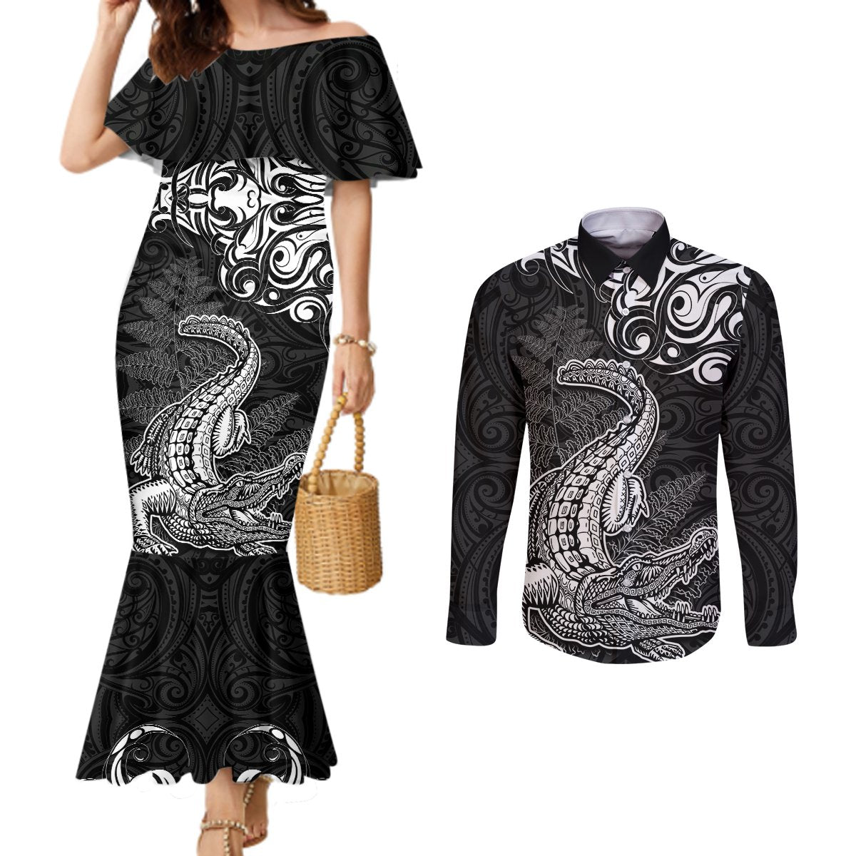 New Zealand Crocodile Tattoo and Fern Couples Matching Mermaid Dress and Long Sleeve Button Shirt Maori Pattern LT03 Black - Polynesian Pride