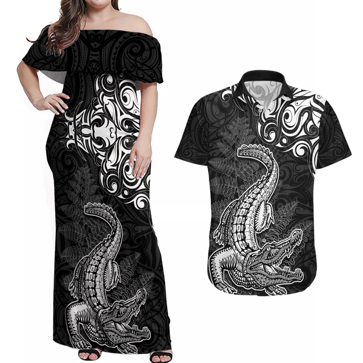 New Zealand Crocodile Tattoo and Fern Couples Matching Off Shoulder Maxi Dress and Hawaiian Shirt Maori Pattern LT03 Black - Polynesian Pride