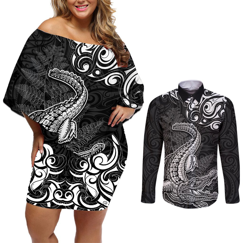 New Zealand Crocodile Tattoo and Fern Couples Matching Off Shoulder Short Dress and Long Sleeve Button Shirt Maori Pattern LT03 Black - Polynesian Pride