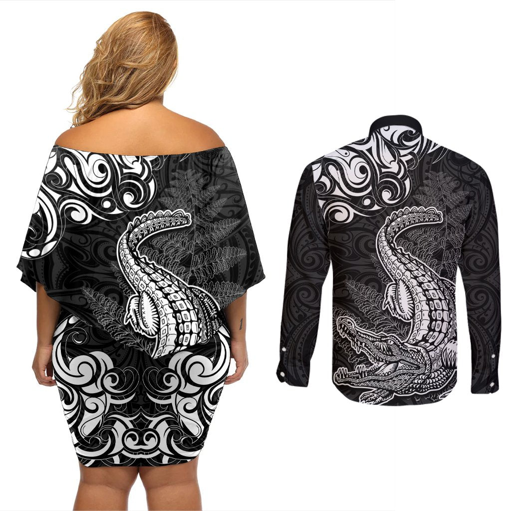 New Zealand Crocodile Tattoo and Fern Couples Matching Off Shoulder Short Dress and Long Sleeve Button Shirt Maori Pattern LT03 - Polynesian Pride