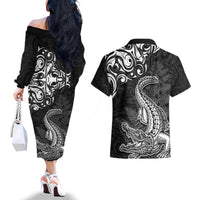 New Zealand Crocodile Tattoo and Fern Couples Matching Off The Shoulder Long Sleeve Dress and Hawaiian Shirt Maori Pattern LT03 - Polynesian Pride