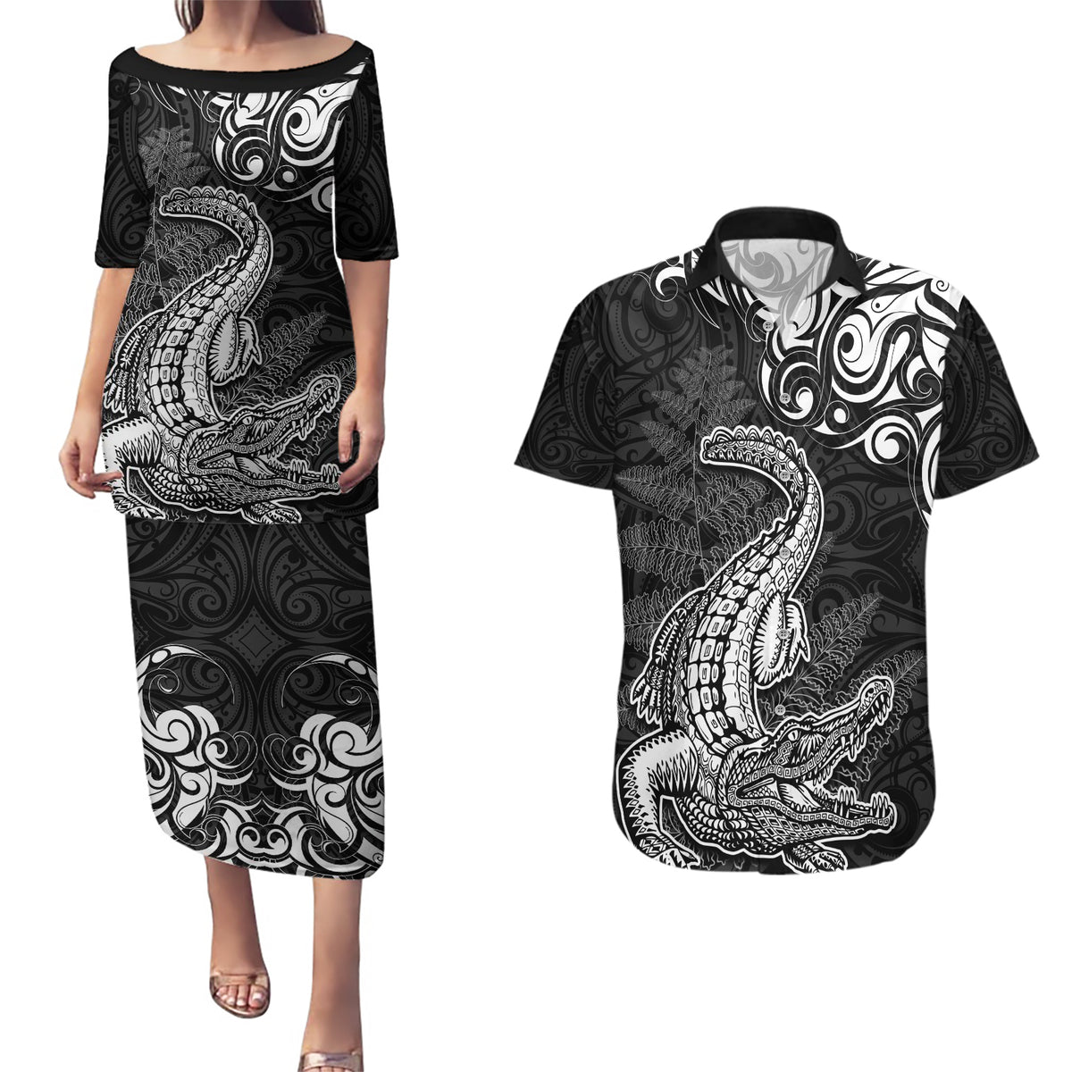 New Zealand Crocodile Tattoo and Fern Couples Matching Puletasi and Hawaiian Shirt Maori Pattern LT03 Black - Polynesian Pride
