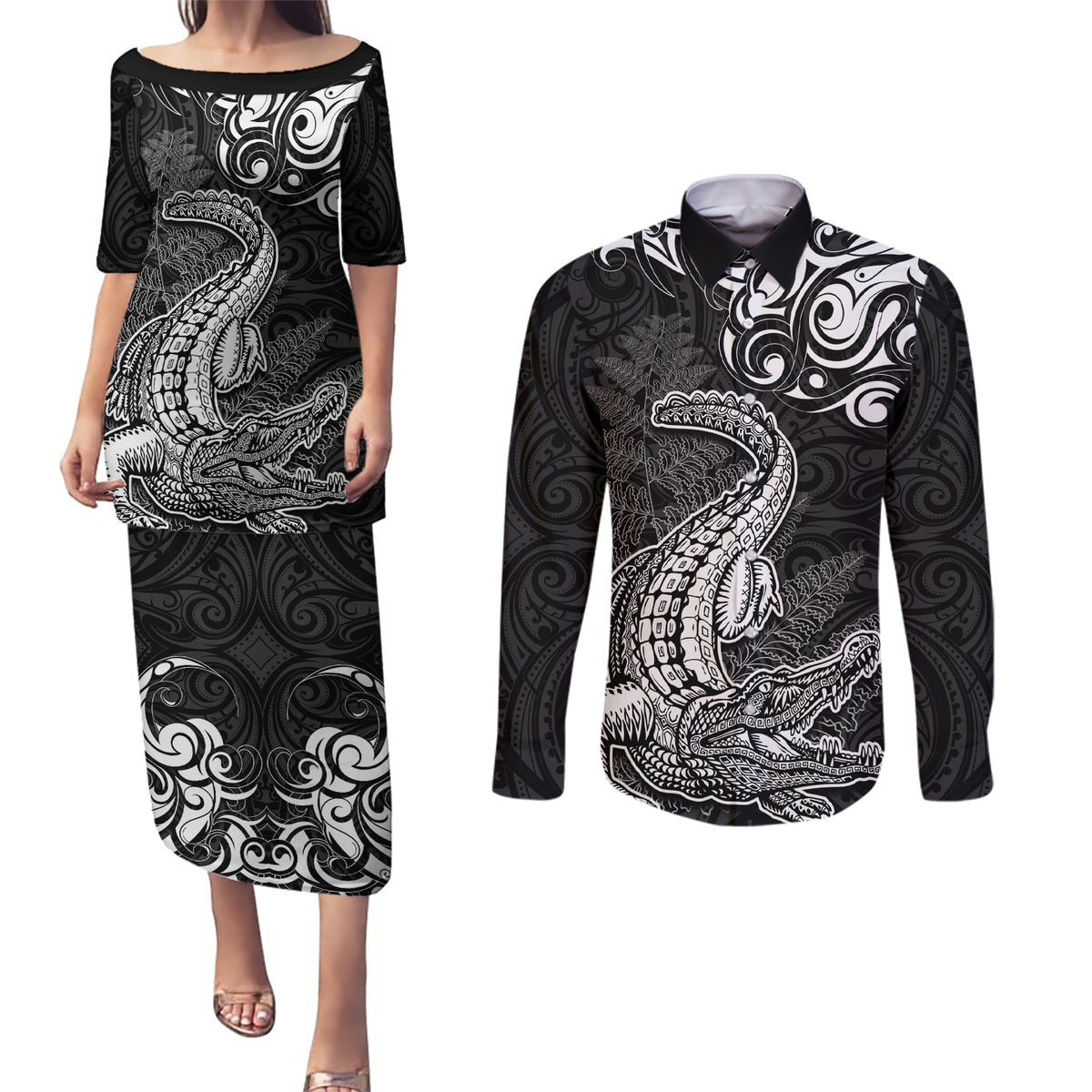New Zealand Crocodile Tattoo and Fern Couples Matching Puletasi and Long Sleeve Button Shirt Maori Pattern LT03 Black - Polynesian Pride