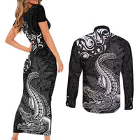New Zealand Crocodile Tattoo and Fern Couples Matching Short Sleeve Bodycon Dress and Long Sleeve Button Shirt Maori Pattern LT03 - Polynesian Pride