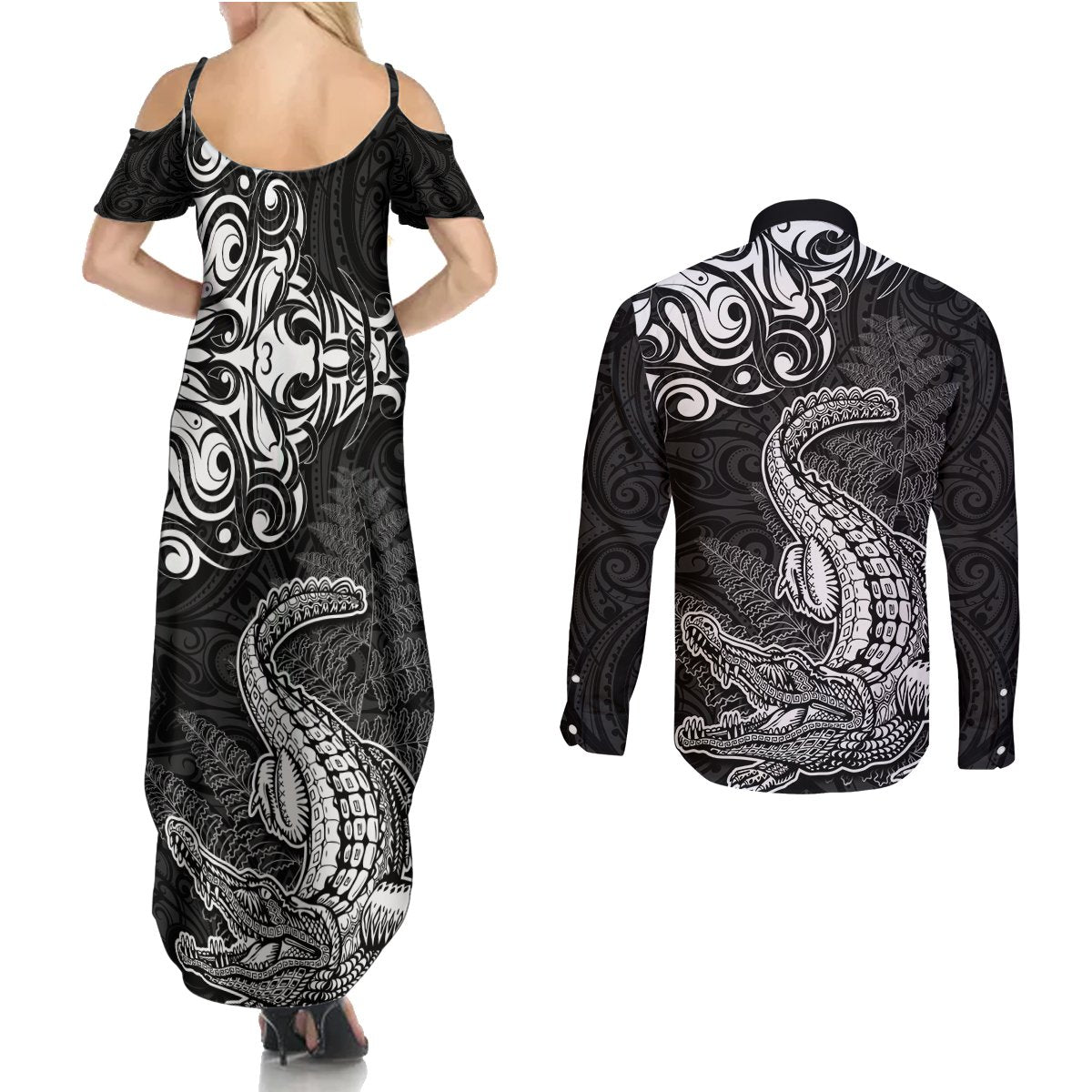 New Zealand Crocodile Tattoo and Fern Couples Matching Summer Maxi Dress and Long Sleeve Button Shirt Maori Pattern LT03 - Polynesian Pride