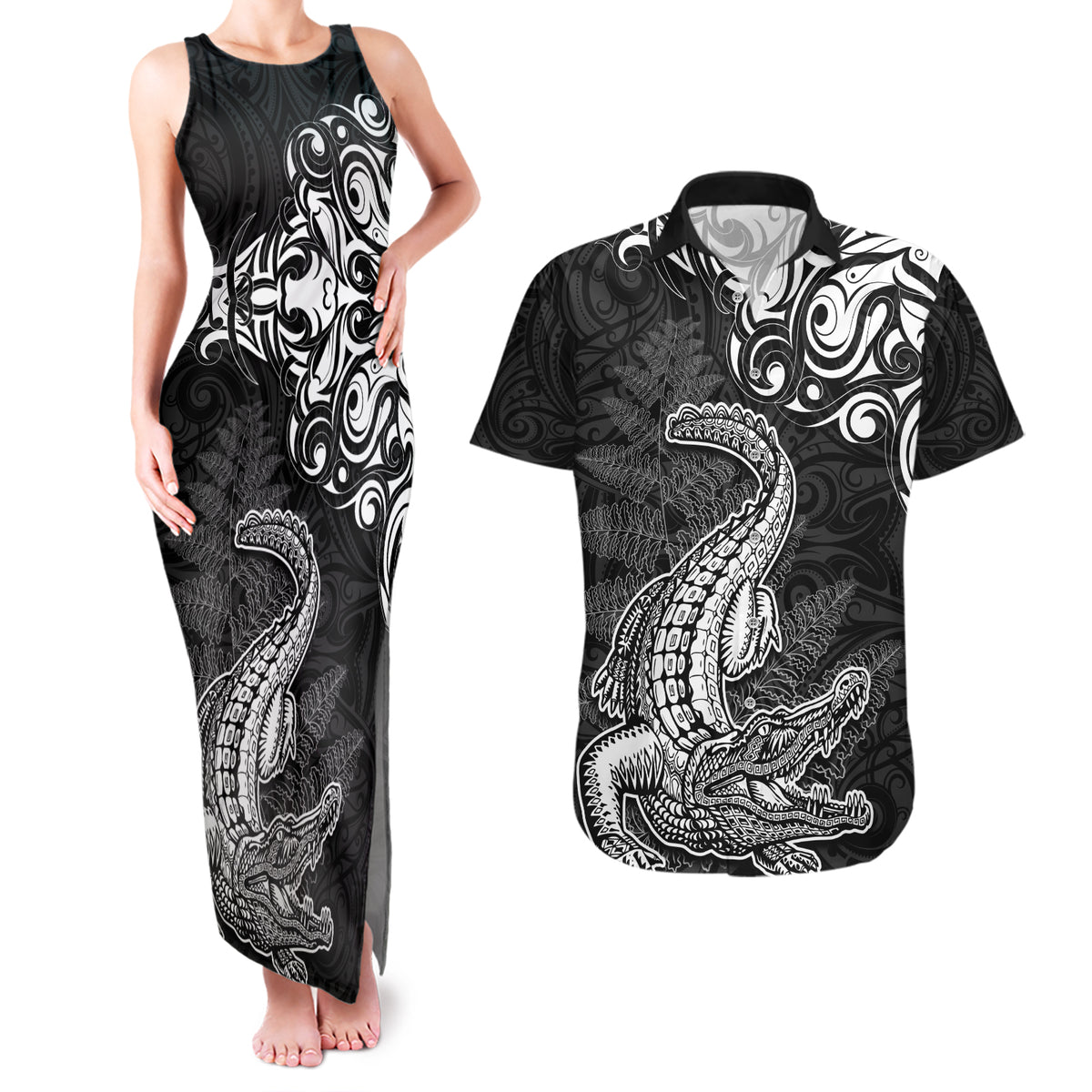 New Zealand Crocodile Tattoo and Fern Couples Matching Tank Maxi Dress and Hawaiian Shirt Maori Pattern LT03 Black - Polynesian Pride