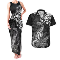 New Zealand Crocodile Tattoo and Fern Couples Matching Tank Maxi Dress and Hawaiian Shirt Maori Pattern LT03 Black - Polynesian Pride