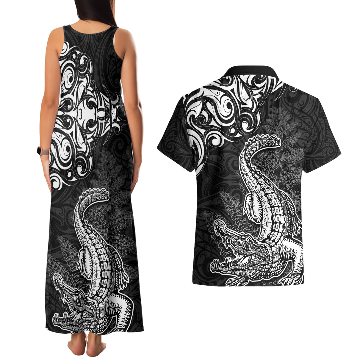 New Zealand Crocodile Tattoo and Fern Couples Matching Tank Maxi Dress and Hawaiian Shirt Maori Pattern LT03 - Polynesian Pride