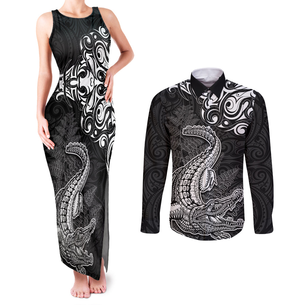 New Zealand Crocodile Tattoo and Fern Couples Matching Tank Maxi Dress and Long Sleeve Button Shirt Maori Pattern LT03 Black - Polynesian Pride