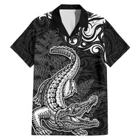 New Zealand Crocodile Tattoo and Fern Family Matching Mermaid Dress and Hawaiian Shirt Maori Pattern LT03 Dad's Shirt - Short Sleeve Black - Polynesian Pride