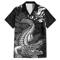 New Zealand Crocodile Tattoo and Fern Family Matching Off Shoulder Maxi Dress and Hawaiian Shirt Maori Pattern LT03 Dad's Shirt - Short Sleeve Black - Polynesian Pride